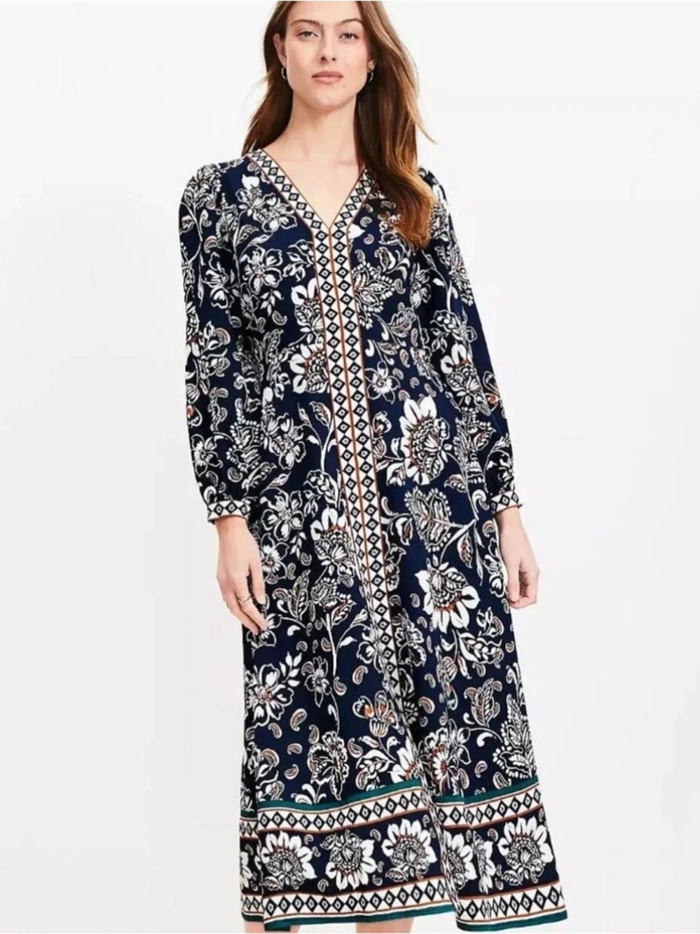 LOFT Navy and White Floral Border-Trim Maxi Dress